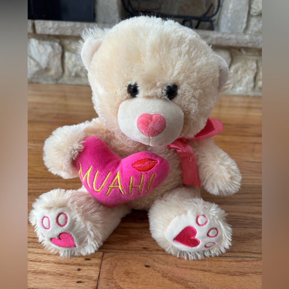 HugFun Int Beige Teddy Bear – Embroidered Love Heart – 14″ Plush Stuffed Animal